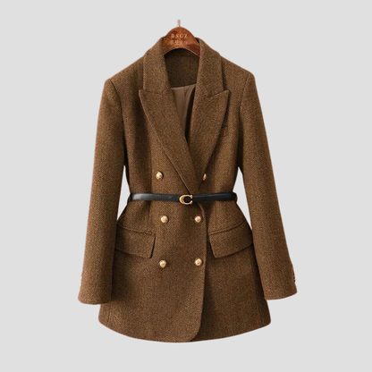 Women’s Tweed Blazer Coat – Double-Breasted, Belted, Peak Lapel