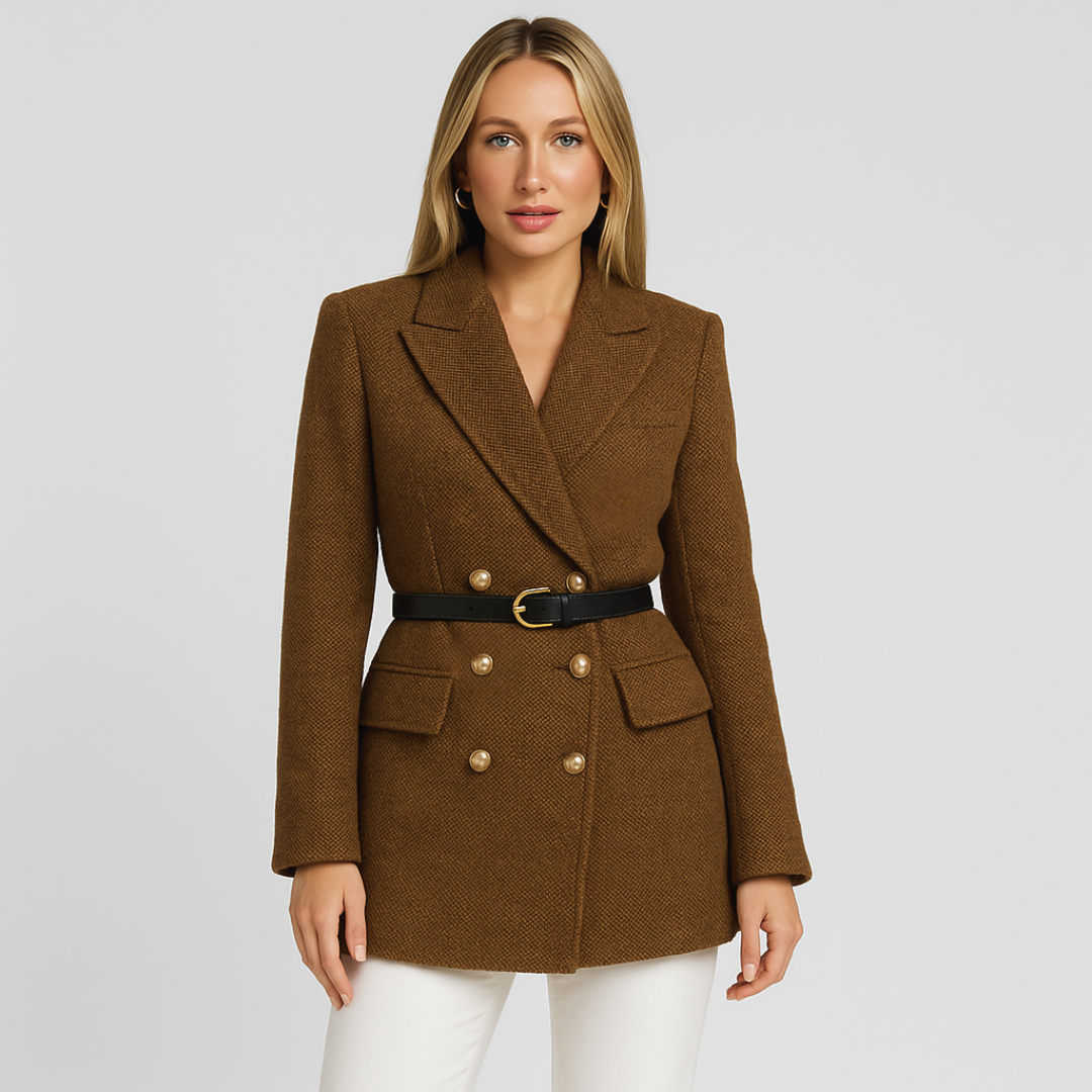 Women’s Tweed Blazer Coat – Double-Breasted, Belted, Peak Lapel