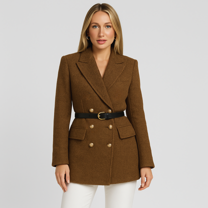 Women’s Tweed Blazer Coat – Double-Breasted, Belted, Peak Lapel