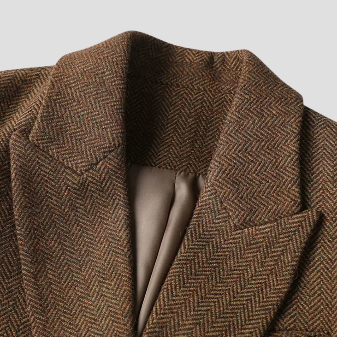 Women’s Tweed Blazer Coat – Double-Breasted, Belted, Peak Lapel