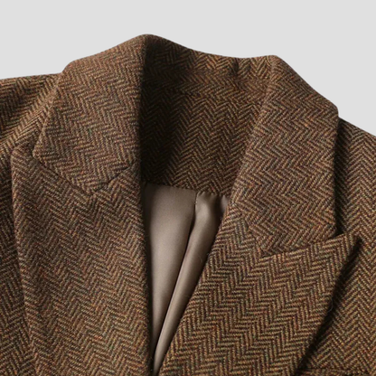Women’s Tweed Blazer Coat – Double-Breasted, Belted, Peak Lapel
