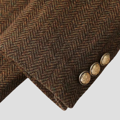 Women’s Tweed Blazer Coat – Double-Breasted, Belted, Peak Lapel