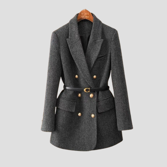 Women’s Tweed Blazer Coat – Double-Breasted, Belted, Peak Lapel