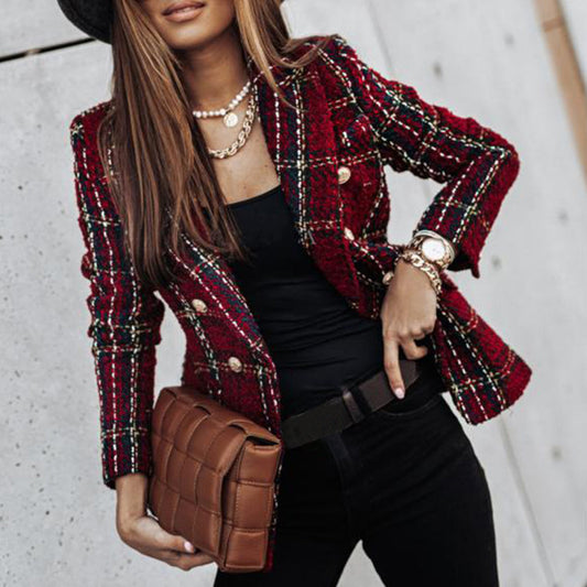 Women’s Tweed Check Double-Breasted Blazer – Vintage Fit, Gold Buttons